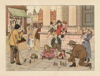 Viktorianische Straßenhändler verkaufen Kindern in einer Londoner Straße Penny-Spielzeuge. Chromolithographie nach einer Illustration von Francis Donkin Bedford aus Edward Verrall Lucas