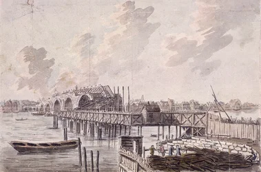 Bau der Blackfriars-Brücke, London, ca. 1762
