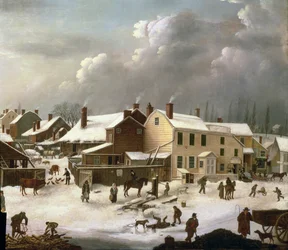 Winterszene in Brooklyn, Detail einer Straße und des Postamts, ca. 1817-20 (Detail)