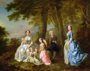Samuel Richardson sitzt mit seiner zweiten Familie
