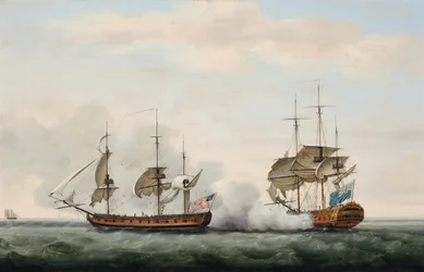 Das Schiff der East India Company, Bridgewater, verteidigt erfolgreich ihre Ladung gegen einen Angriff des amerikanischen Freibeuters Hampden auf dem Weg von St. Helena nach England am 8. März 1779