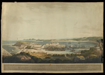 Südansicht von Corunna von den Höhen in der Nähe des Klosters St. Margaret, graviert von H. Merke, veröffentlicht 1809