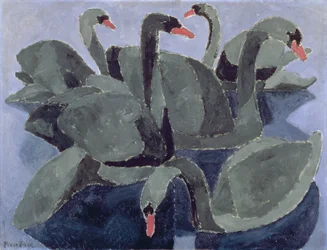 Schwarze Schwäne vor blauem Hintergrund, ca. 1909