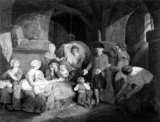 John Howard Esq. (1726-1790) besucht und lindert das Elend eines Gefängnisses, graviert von James Hogg, 1790
