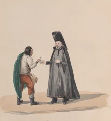 Ein Kanon überreicht einem Mann ein Kruzifix, aus einer Gruppe von Zeichnungen, die peruanische Trachten darstellen, 1848