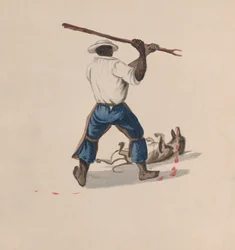 Ein Mann von hinten gesehen, der einen Hund mit einem Stock schlägt, ca. 1848