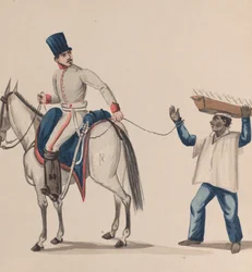 Ein Soldat zu Pferd hält ein Seil, das einen indigenen Sklaven sichert, der einen Teller balanciert