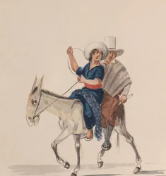 Ein indischer Mann und eine Frau reiten auf einem Esel, aus einer Gruppe von Zeichnungen, die Peruaner darstellen..., ca. 1848