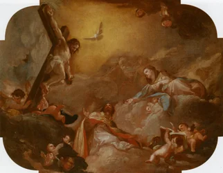 Der heilige Augustinus und die Jungfrau, die den gekreuzigten Christus anbeten