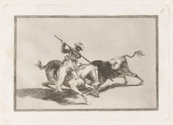 Der mutige Maure Gazul ist der Erste, der Stiere nach den Regeln speert, Platte 5 aus La tauromaquia