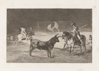 Der berühmte Picador Fernando del Toro zieht das wilde Tier mit seiner Pike an, Platte 27 aus La tauromaquia