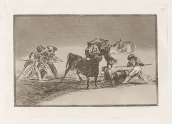 Die Mauren benutzen Esel als Barriere, um sich gegen den Stier zu verteidigen, dessen Hörner mit Kugeln versehen sind, Platte 17 aus La tauromaquia