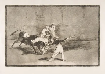 Tafel 8 der „Tauromaquia“: Ein Mohr wird in der Arena vom Stier erfasst, 1816.