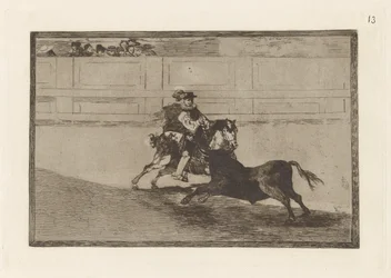 Ein spanischer Ritter im Ring, der kurze Speere ohne die Hilfe von Assistenten bricht, Platte 13 aus La tauromaquia