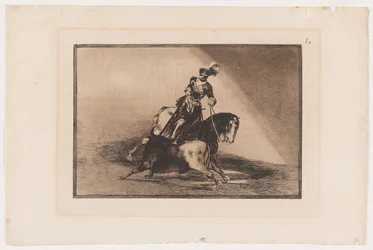 Tafel 10 aus La Tauromaquia: Karl V. spießt einen Stier in der Arena von Valladolid auf, 1816, gedruckt 1876