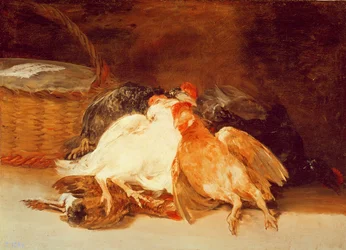 Stillleben mit toten Hühnern und einem Weidenkorb