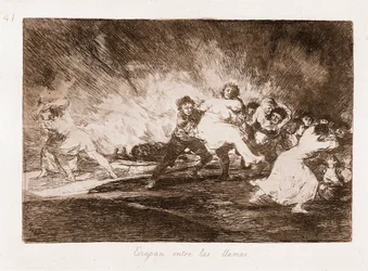 Die Schrecken des Krieges: Sie entkommen durch die Flammen (Radierung nach einer Zeichnung)