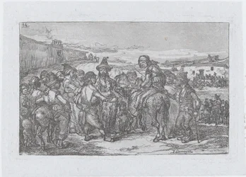 Tafel 14: eine große Gruppe von Menschen im Freien, möglicherweise eine Schauspielertruppe, aus der Serie