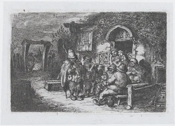Tafel 18: Straßenmusiker und andere Figuren vor einer Taverne, aus der Serie der Bräuche ..., 1850