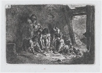 Platte 8: eine Gruppe von Figuren, von denen einige ein Spiel spielen, aus der Serie von Bräuchen, 1850