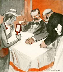 Ein englisches Paar kämpft mit der Speisekarte in einem französischen Restaurant, 1903