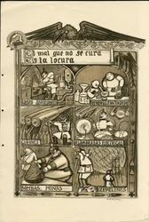 Illustration von Francisco Sancha Lengo (1874-1936) - Fliegendes Blatt, circa 1915 - El mal que no se cura es la locura - Krieg von 14-18, Deutschland Preußen, Erstickungsgas, Spanische Sprache, Ausländische Presse