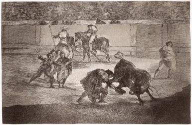 Stierkampf: Ein Stierkämpfer betritt die Arena, um den Stier mit einem Hut anstelle der Muleta zu töten