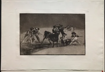 Stierkämpfe: Die Mauren benutzen Esel als Barriere, um sich gegen den Stier zu verteidigen..., 1876.