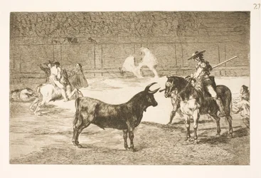 Der gefeierte Picador, Fernando del Toro, provoziert den wütenden Stier mit seiner Lanze