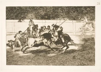 Der kraftvolle Rendon sticht einen Stier mit der Lanze, das Ereignis, das zu seinem Tod in der Arena von Madrid führte