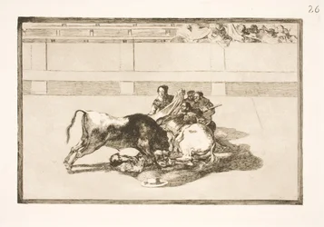 Ein Picador wird vom Pferd geworfen und stürzt unter den Stier