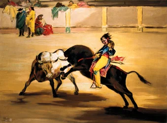 Mariano Ceballos genannt "der Indianer" auf dem Rücken eines Stiers bricht seine Lanze in den Arenen von Madrid, ca. 1810