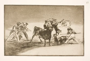 Die Mauren benutzen Esel als Barriere, um sich gegen den Stier zu verteidigen, dessen Hörner mit Kugeln versehen sind