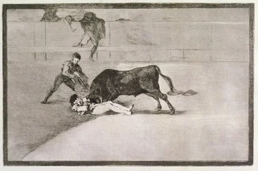 Der unglückliche Tod von Pepe Hillo (José Delgado) in der Arena von Madrid am 11. Mai 1801, Tafel 33 aus „Die Kunst des Stierkampfs“, veröffentlicht 1816