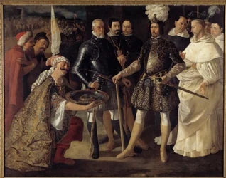 Reconquista: „Die Übergabe Sevillas an Ferdinand III., König von Kastilien und León“. Die Mauren übergaben dem König von Kastilien am 22/12/1248 die Schlüssel der Stadt. Gemälde von Francisco de Zurbarán (1598-1664), 1634. 157,5 x 208,2 cm. Privatsammlung