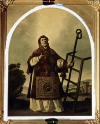 Der heilige Laurentius von Rom (als Märtyrer auf einem Rost gestorben, der als sein Attribut dargestellt ist). 292 x 225 cm