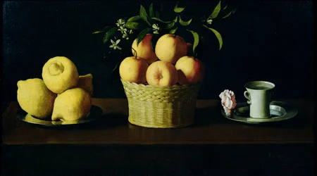 Stillleben mit Zitronen, Orangen und einer Rose