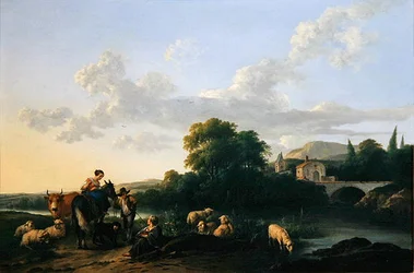 Bauern und Vieh in einer italienischen Landschaft