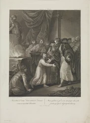 Mieszko I. von Polen erhält die Tonsur von Smuglewicz, Franciszek (1745-1807). Lithographie, Ende des 18. Jahrhunderts. Private Sammlung