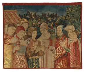 Unidentifiziertes Wandteppichfragment mit acht Figuren, möglicherweise eine Disputation, 2. Hälfte des 15. Jahrhunderts (Wolle)