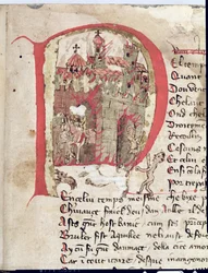 Historiierte Initiale, die Attila den Hunnen (ca. 406-453) zeigt, wie er die Stadt Aquila niederbrennt, aus Der Krieg von Attila von Nicola da Casola