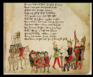 Ms Est 27 W 8.17 f.4r Attila der Hunne (ca. 406-453) im Gespräch mit einem seiner Krieger, aus Der Krieg des Attila von Nicola da Casola