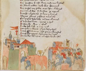 Ms Est 27 W 8.17 f.6r Bauern betreten eine Stadt mit ihrem Vieh und die Ankunft von Attilas Armee, aus Der Krieg des Attila von Nicola da Casola