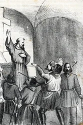 Vierter Venedig-Osmanischer Krieg: Die Kirche ruft zum Kampf gegen die Muslime am Vorabend der Seeschlacht von Lepanto am 7. Oktober 1571 im Golf von Patras, Griechenland
