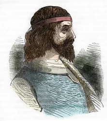 Porträt Odoakers (Odovacar), Anführer der Heruler, Verbündeter der Hunnen und Minister Attilas (435-493) (Odoacer oder Flavius Odovacer), Zeichnung aus „I misteri del Vaticano“ von Franco Mistrali, 1843