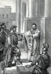 Der Erzbischof Heiliger Ambrosius von Mailand verbot dem römischen Kaiser Theodosius I den Eintritt in die Kirche, um ihn für das Massaker von Thessaloniki im Jahr 390 zu bestrafen - Exkommunikation