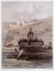 Schloss Pfalz, Deutschland. In „The monumental and picturesque Rhine“. Lithographien von Fourmais und Stroobant