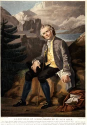 Jean Jacques Rousseau in der Schweiz, verfolgt und ohne Asyl. Aquatinta von Charon nach Boucher. 19. Jahrhundert. Paris, Musée Carnavalet.