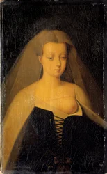 Porträt von Agnès Sorel (1422-1450), Dame de Beauté-sur-Marne, Favoritin König Karls VII. (1422-1461). Ihre Brust ist entblößt. Gemälde von Philippe Comairas (1803-1875) nach François Clouet. 1833. Maße: 0,3 x 0,19 m. Versailles, Schlossmuseum