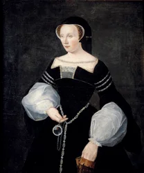 Porträt der Diane de Poitiers, Dame de Brézé, Herzogin von Valentinois (1499-1566), in Trauerkleidung (im Witwenkostüm) um ihren 1531 verstorbenen Ehemann Louis de Brézé und mit einem Spiegel in der Hand, um 1550, circa 1